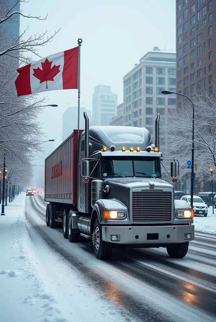 Canadian truck in grey colour on long road with load and canada flag in downtown with cars in snow