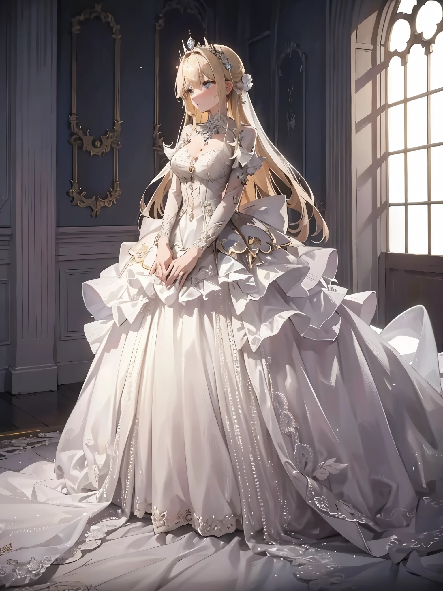 A young woman with blonde hair wearing a simple white dress, she is standing in a luxurious castle chamber, she seems out of place because she is wearing a simple white dress. Simple dark backdrop