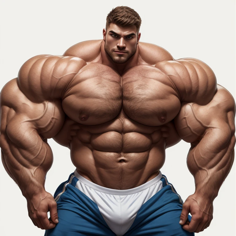 brutalmass, a very handsome young man, shirtless, close up face, exaggeratedly muscular, exaggeratedly huge arms and biceps,, on a white background