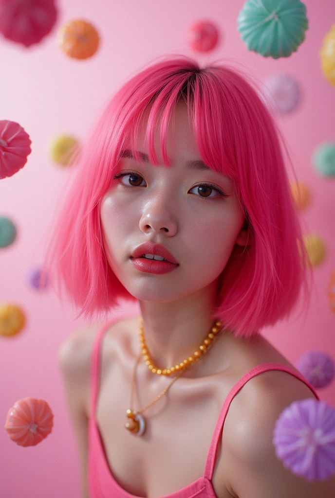 real photograph, Jpop girl that has a y2k vibe with pink bob hair and surrounded by candy, pretty face, 