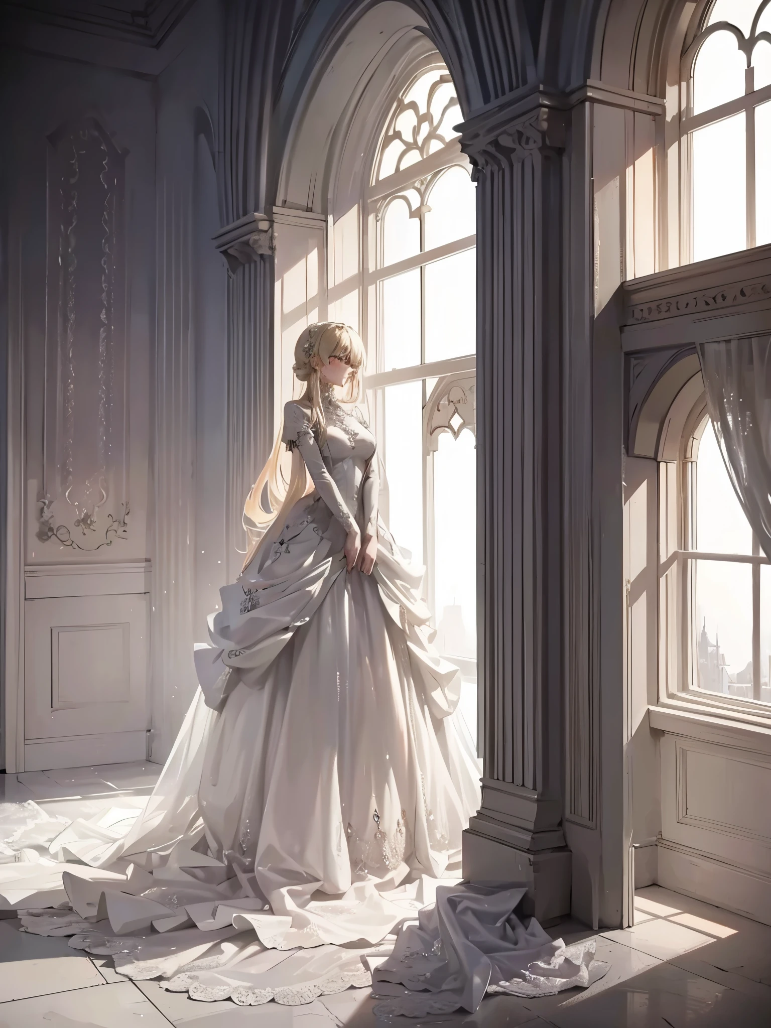 A young woman with blonde hair wearing a simple white dress, she is standing in a luxurious castle chamber, she seems out of place because she is wearing a simple white dress. Simple dark backdrop 