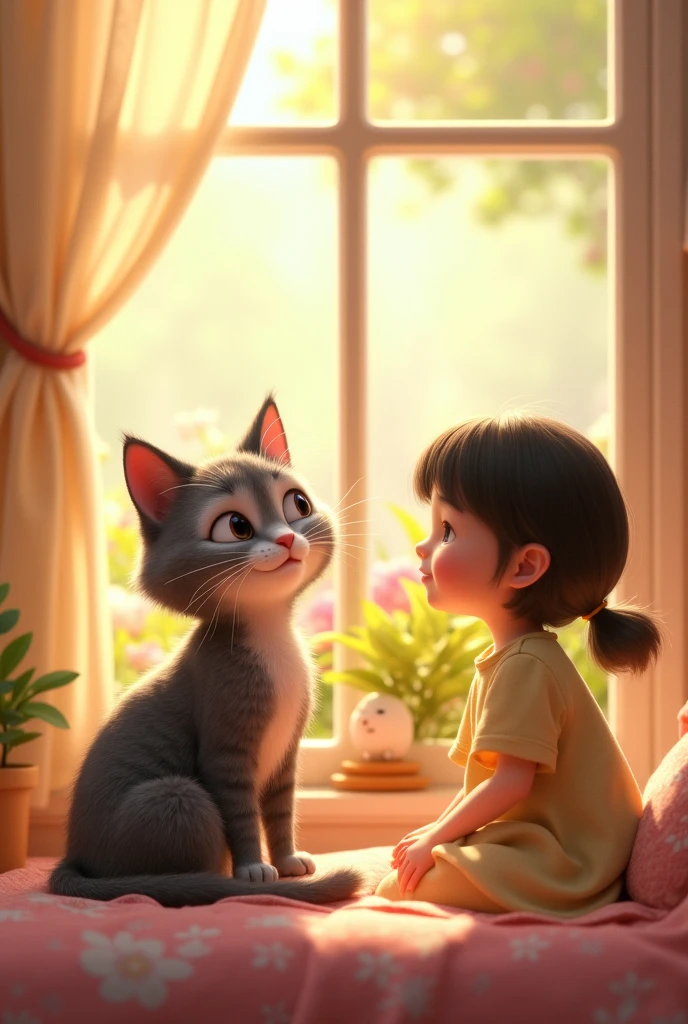 With a 3d Pixar Animation, A peaceful scene of a gray tabby cat sitting by a sunny window with the little cute girl, looking out at a blooming garden. The cat's expression is content and relaxed, with the warm light of a happy home surrounding her.