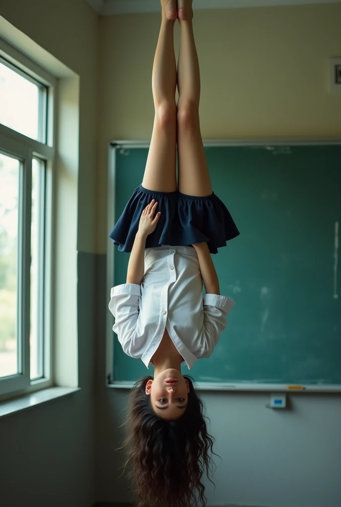 (photorealism:1.2), beautiful woman, Student hanging upside down in school uniform, whole body