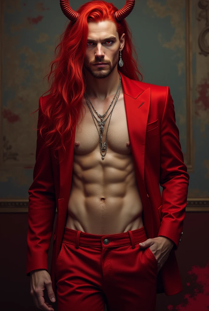 solo male, very long hair, red hair, earrings, red blazer, attractive, seductive, adult, elegant, mature, demon horns, devil horns, devil, incubus, sexy, red colour eyes, naked torso, seductive smile, big bulge, hansome, gentle, sensual, inviting