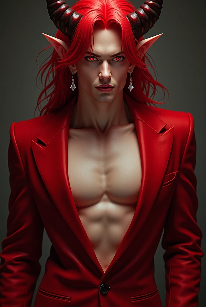 solo male, very long hair, red hair, earrings, red blazer, attractive, seductive, adult, elegant, mature, demon horns, devil horns, devil, incubus, sexy, red colour eyes, naked torso, seductive smile, big bulge, hansome, gentle, sensual, inviting