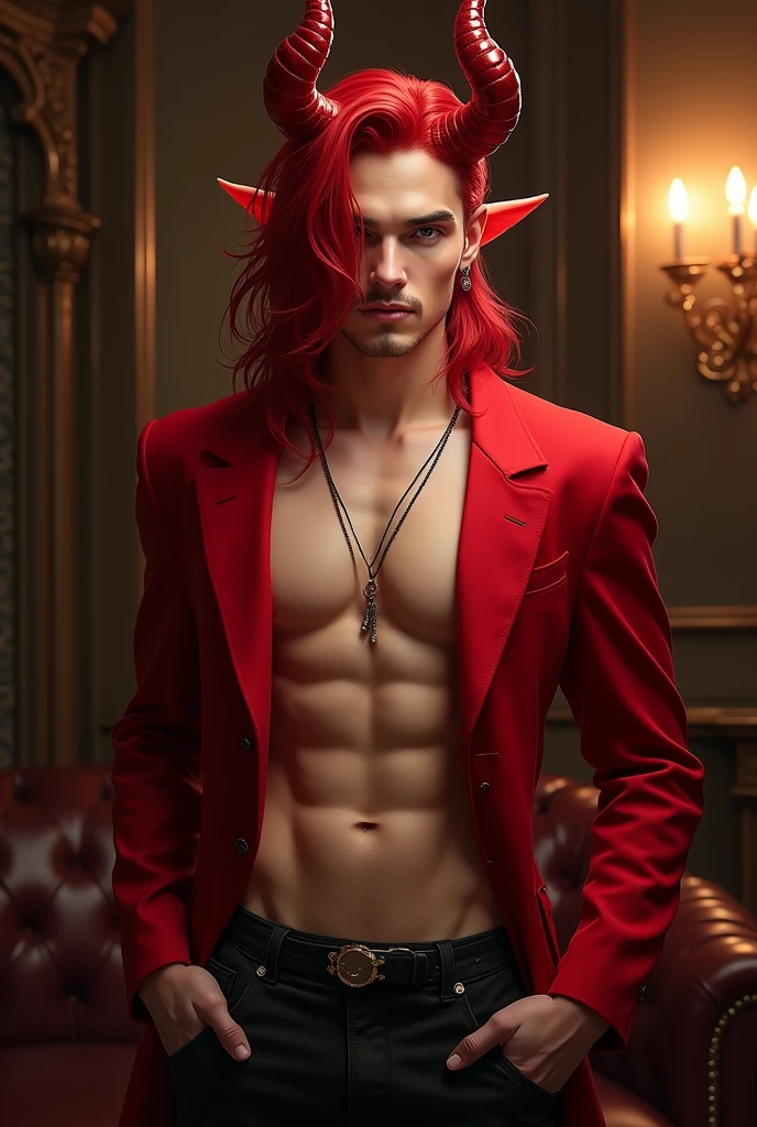 solo male, very long hair, red hair, earrings, red blazer, attractive, seductive, adult, elegant, mature, demon horns, devil horns, devil, incubus, sexy, red colour eyes, naked torso, seductive smile, big bulge, hansome, gentle, sensual, inviting