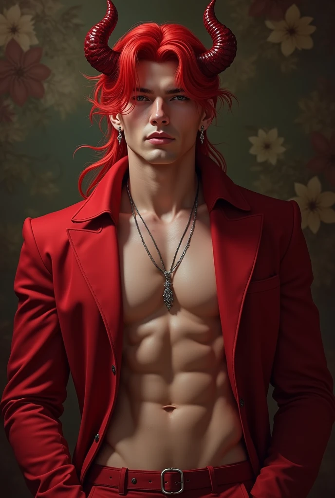 solo male, very long hair, red hair, earrings, red blazer, attractive, seductive, adult, elegant, mature, demon horns, devil horns, devil, incubus, sexy, red colour eyes, naked torso, seductive smile, big bulge, hansome, gentle, sensual, inviting