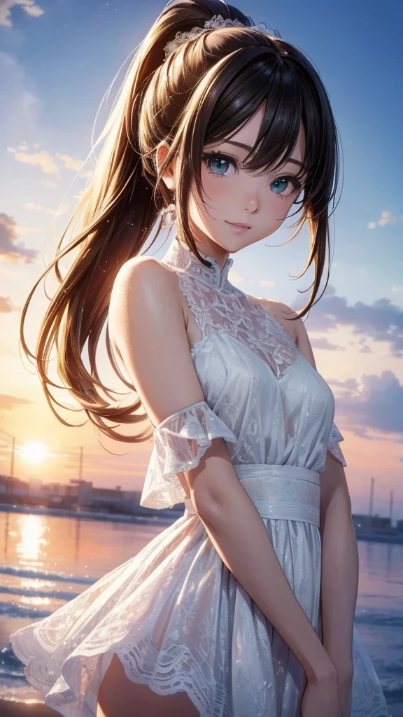 1. Female, face, (1. Female:1.37, alone), (美しいface, かわいいface, 詳細なface), (Semi-long hair, ponytail), (Beautiful green eyes with beautiful details), Close ~ eyes, smile, Idol, break, sunny, White color from diagonally above, At the sparkling beach, Pure white all lace dress, Swaying in the Wind, Dynamic Pose, One cut from a music video, The cameraman takes the best shot from the angle, Very detailed CG 統合 8k 壁紙, Very nice 8K CG wallpaper, Anime Moe Art Style, Cute anime visuals, Anime Styleのポートレート, Anime Styleに, Beautiful Anime, 8K Anime Art Style, Anime Style、Detailed 8K animation, (masterpiece, Highest quality), High resolution, Very detailed, Ultra Sharp, Cinema Lighting