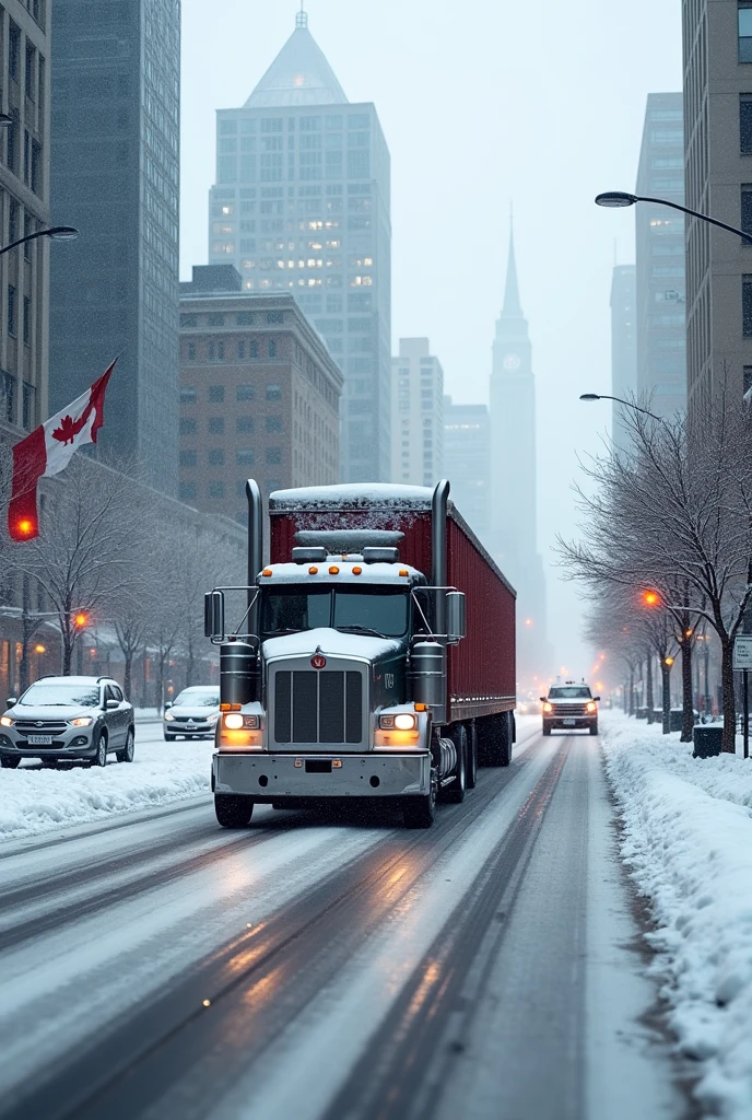 Canadian truck in grey colour on long road with load and canada flag in downtown with cars in snow