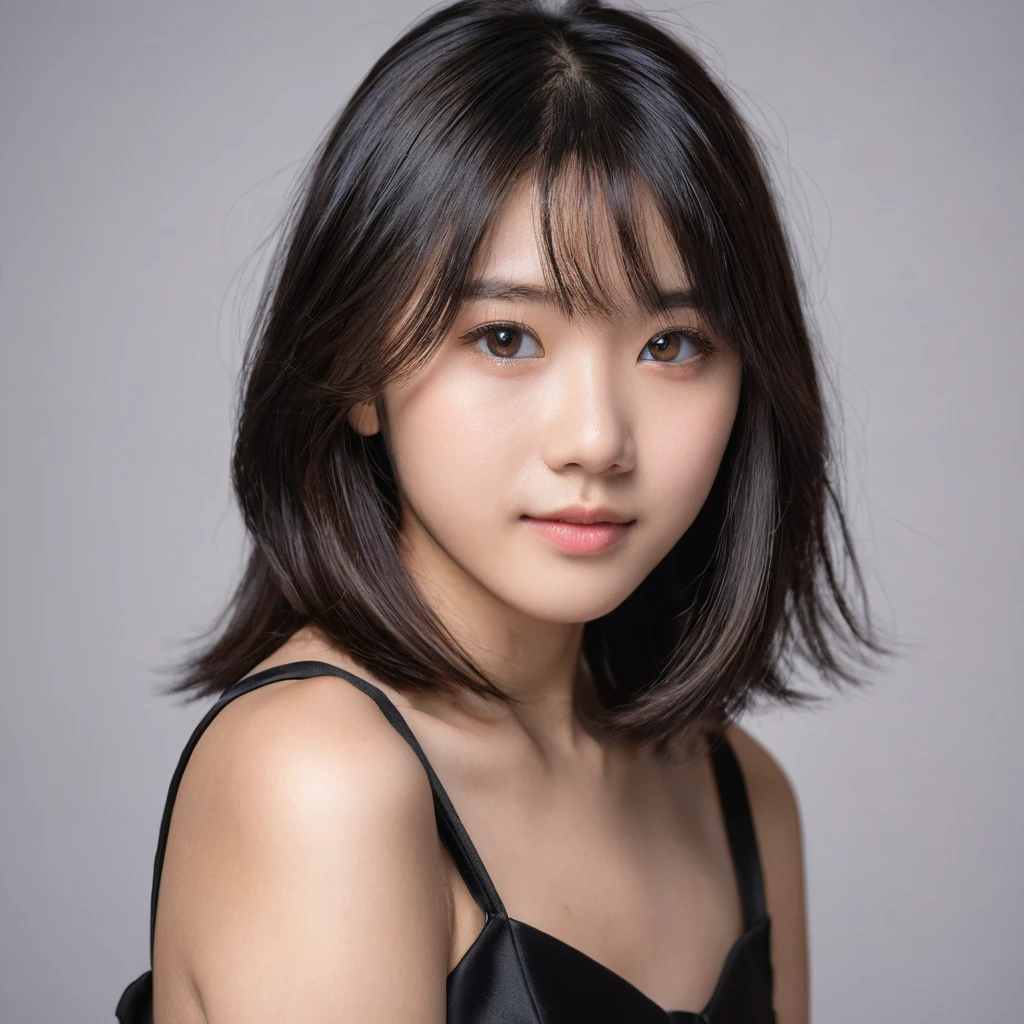 Yui, photo of female, age 15 year, black shoulder length hair with brown highlights; (dslr, ultra quality, film grain, Fujifilm XT3, crystal clear, 8K UHD, highly detailed glossy eyes, high detailed skin, skin pores), wear black dress