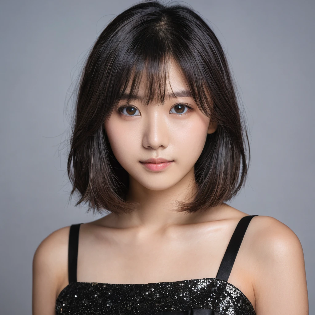 Yui, photo of female, age 15 year, black shoulder length hair with brown highlights; (dslr, ultra quality, film grain, Fujifilm XT3, crystal clear, 8K UHD, highly detailed glossy eyes, high detailed skin, skin pores), wear black dress