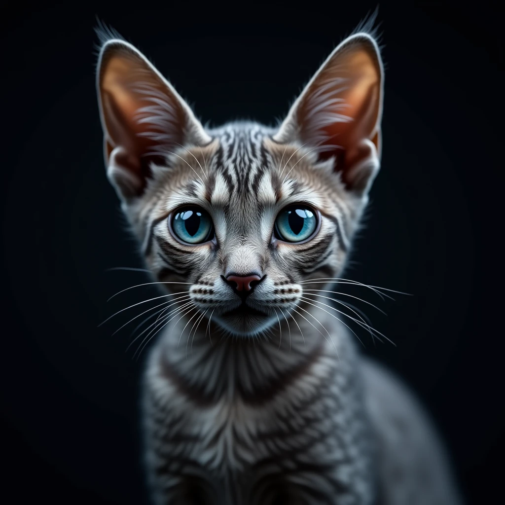 a gray tabby devon rex cat with piercing blue eyes, highly detailed, extremely realistic, 8k, photorealistic, professional studio lighting, dramatic contrast, saturated colors, soft fur textures, whiskers, detailed facial features, cat's eye reflections, shallow depth of field, moody atmosphere