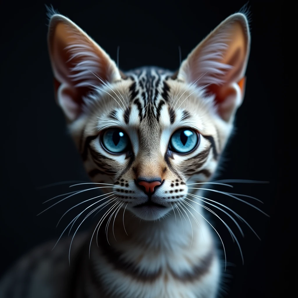 a gray tabby devon rex cat with piercing blue eyes, highly detailed, extremely realistic, 8k, photorealistic, professional studio lighting, dramatic contrast, saturated colors, soft fur textures, whiskers, detailed facial features, cat's eye reflections, shallow depth of field, moody atmosphere