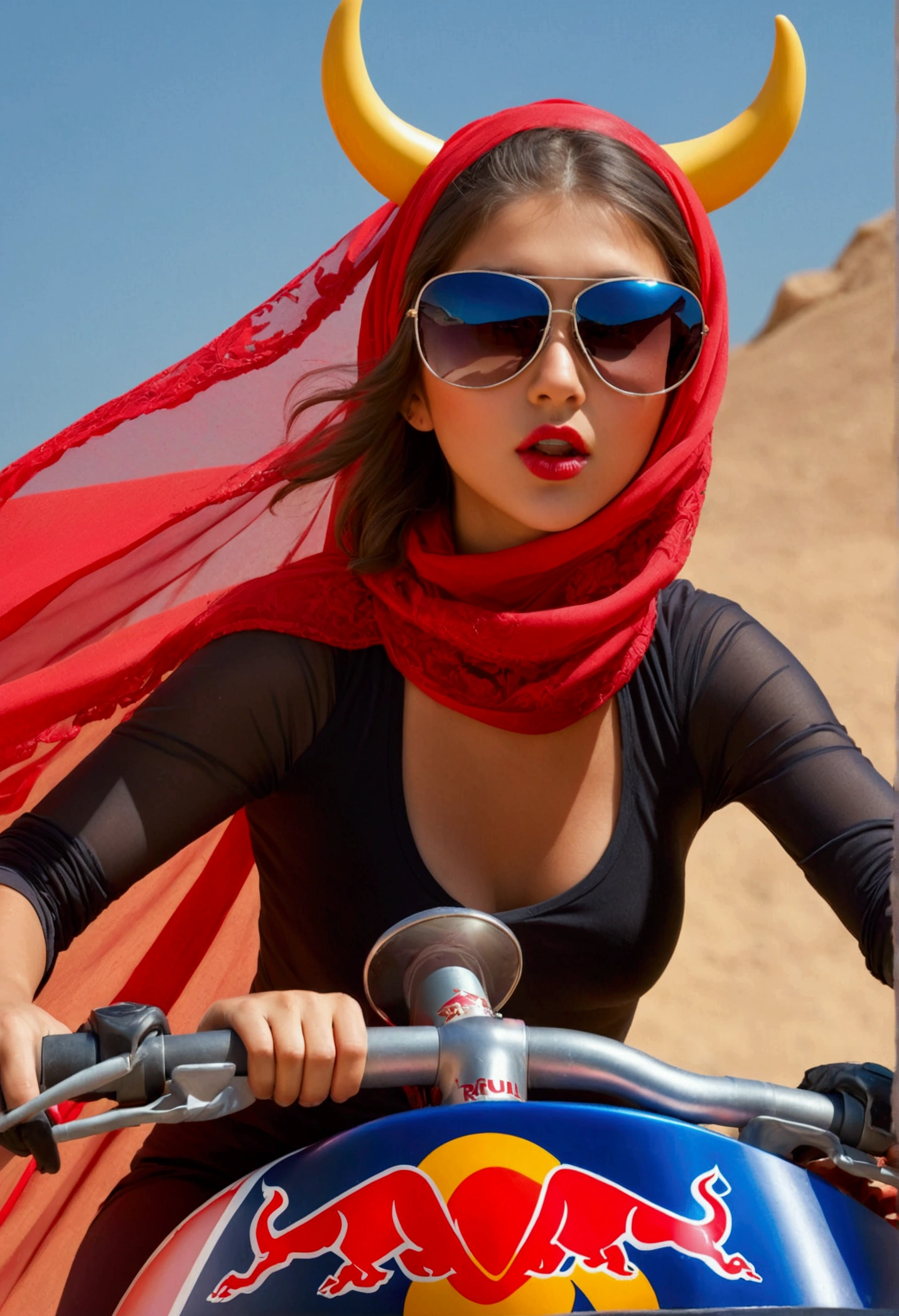 Girl in veil is riding a red bull wearing sunglasses