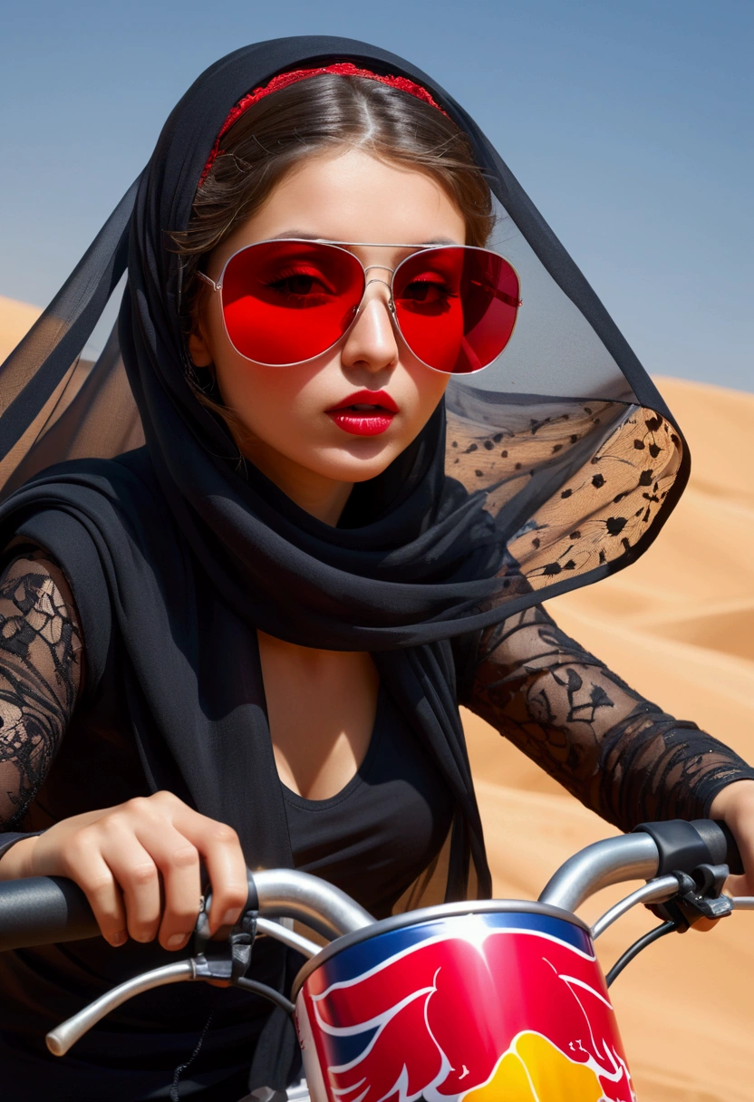 Girl in veil is riding a red bull wearing sunglasses