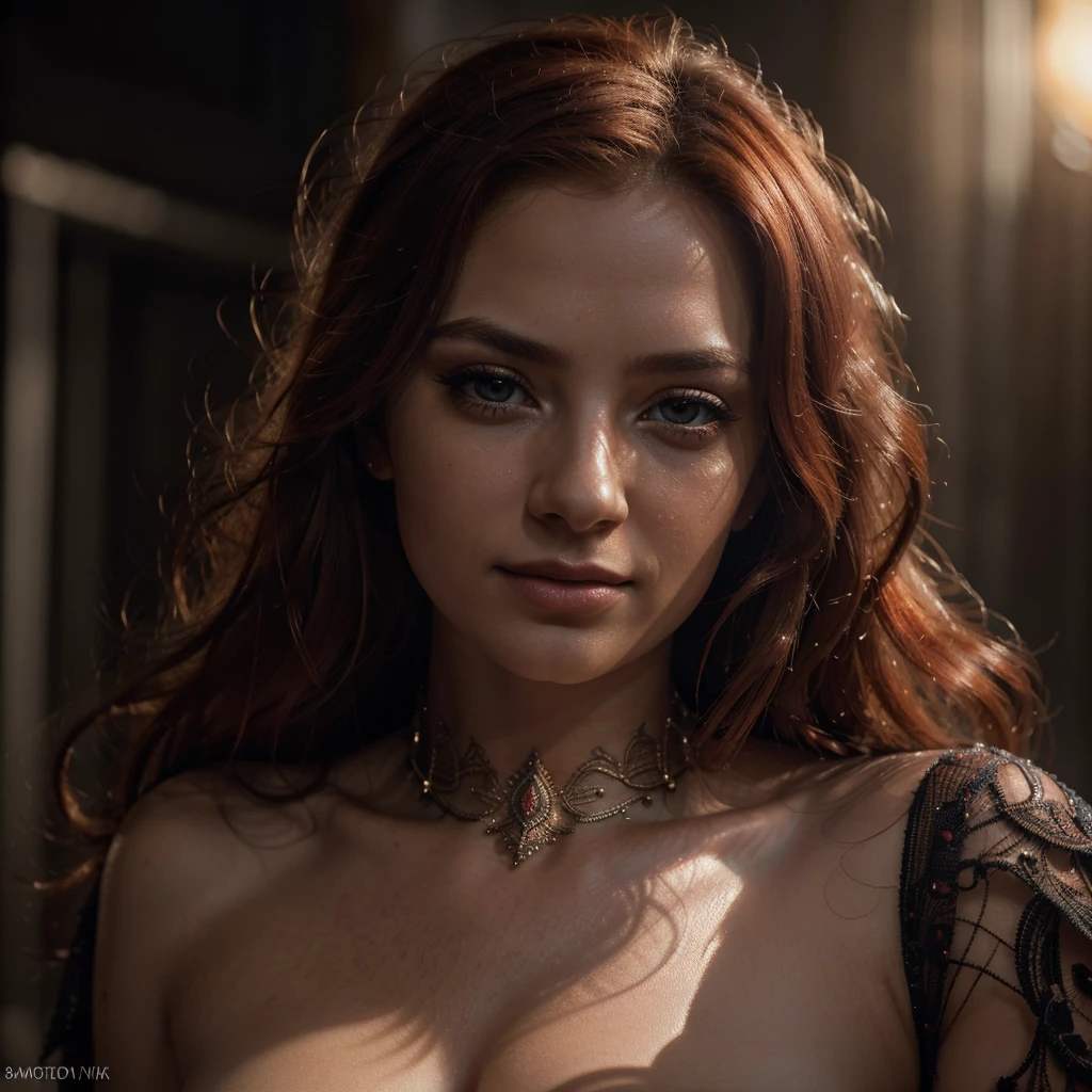 a beautiful detailed russian femalr, photorealistic, ultra-detailed skin texture, naked, showing her feet, red hair, smiling, looking at me, intense atmospheric lighting, dramatic shadows, cinematic composition, vibrant colors, masterpiece, (best quality,8k,highres,masterpiece:1.2),ultra-detailed,(realistic,photorealistic,photo-realistic:1.37),detailed beautiful eyes,detailed beautiful lips,extremely detailed face,longeyelashes,intricate web pattern,dynamic heroic pose,dramatic lighting,cinematic composition
