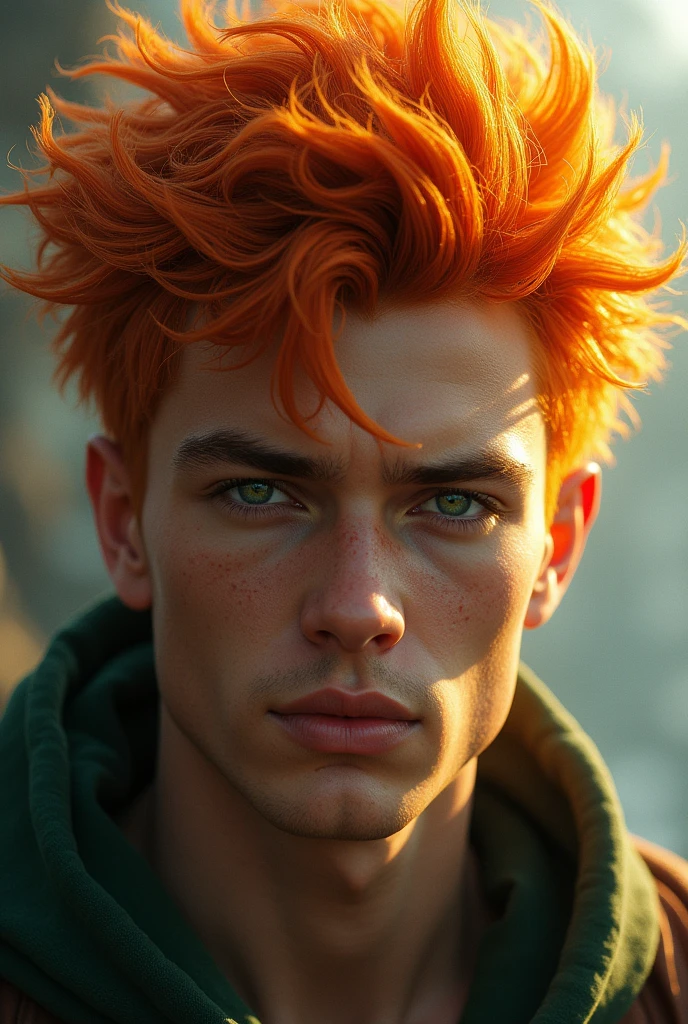 Osanius, a handsome young god with hair as orange as the setting sun. Natural green eyes , cold face, Hairstyle is Tousled top 