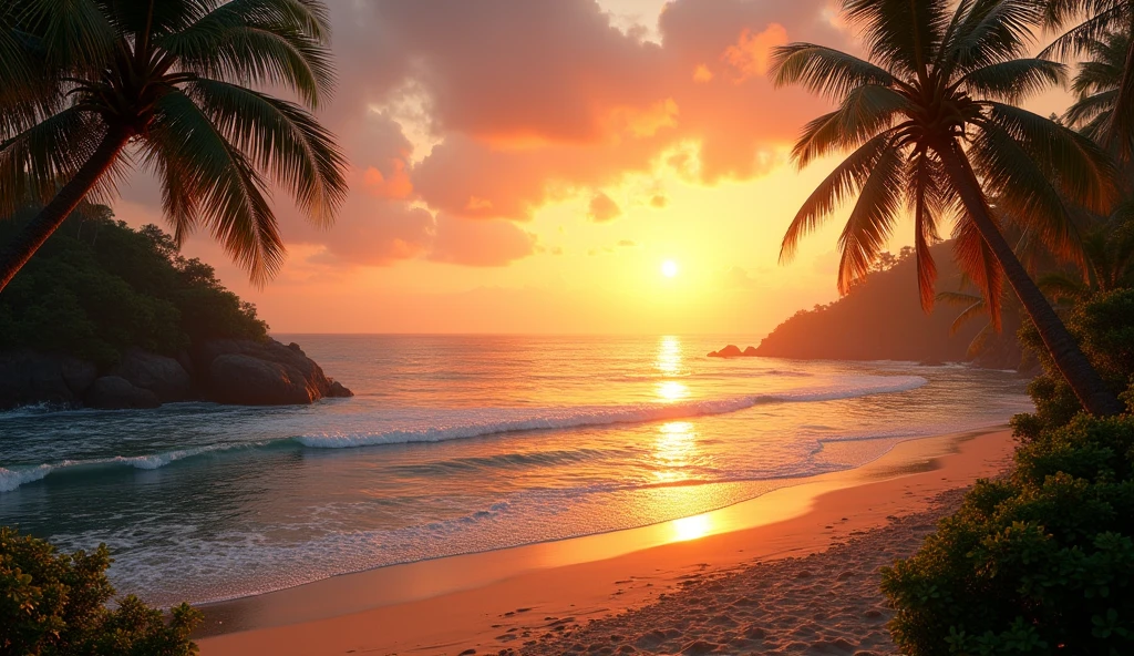 Create me a real and high definition image of a sunset in front of the sea (( bali aestitics)) 35 mm shot cinematic