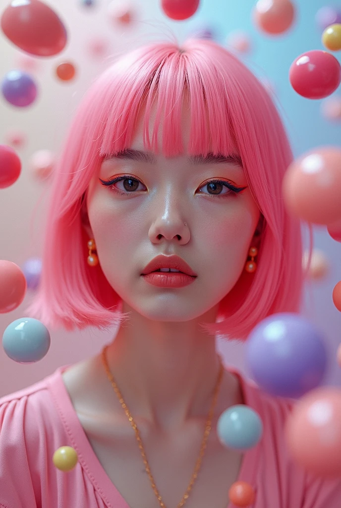 real photograph, Jpop girl that has a y2k vibe with pink bob hair and surrounded by candy, pretty face, 