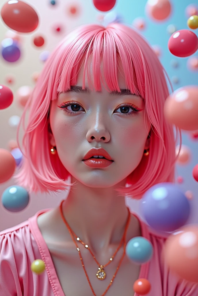 real photograph, Jpop girl that has a y2k vibe with pink bob hair and surrounded by candy, pretty face,