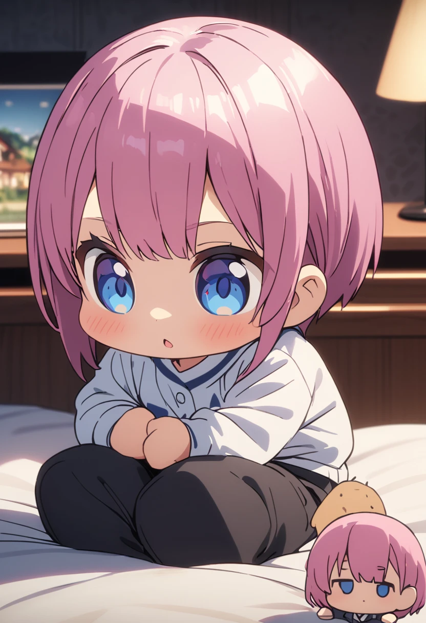 (Highest quality, 4K, 8k, High resolution, masterpiece:1.2), Very detailed, Picturesque, Animated Photography, Photo Animation:1.37)、Japanese schoolgirl、(Pink Hair)、(Pixie Cut)、(chibi:1.4),white shirt、short pants、black cheokr、sitting on bed、on one knee、Full body photography、Nakano ichika

