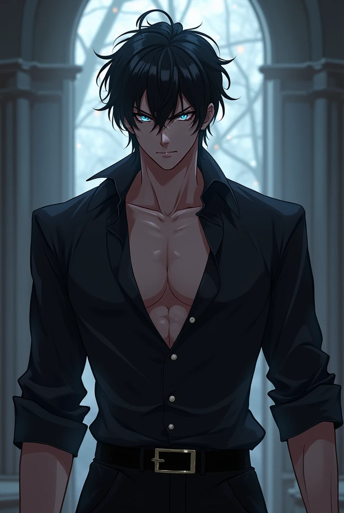 Create a male character , demon , black short hair, with black eyes , succubus, with anime features 2000