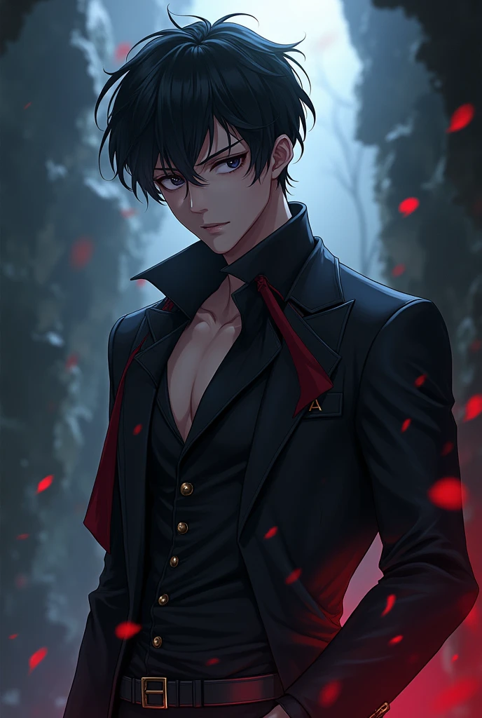 Create a male character , demon , black short hair, with black eyes , succubus, with anime features 2000