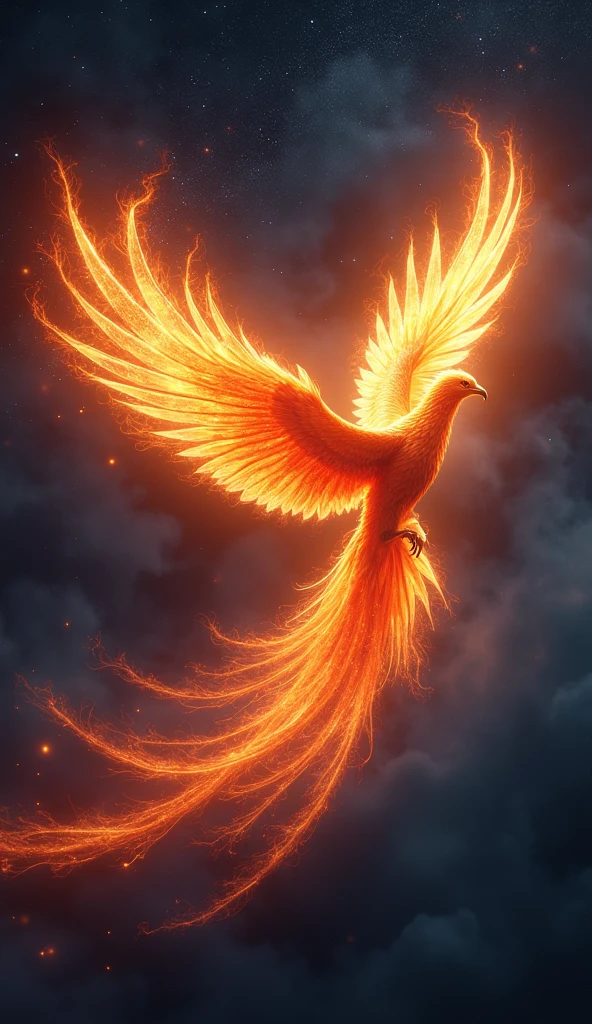 panoramic view, flying fiery phoenix on night sky, starry sky, left a fiery trail behind the flying phoenix, ultra-detailed, (best quality,4k,8k,highres,masterpiece:1.2),realistic, photo-realistic, dramatic lighting, cinematic, glowing phoenix, vibrant colors, intricate details, mystical, ethereal, fantasy, digital art