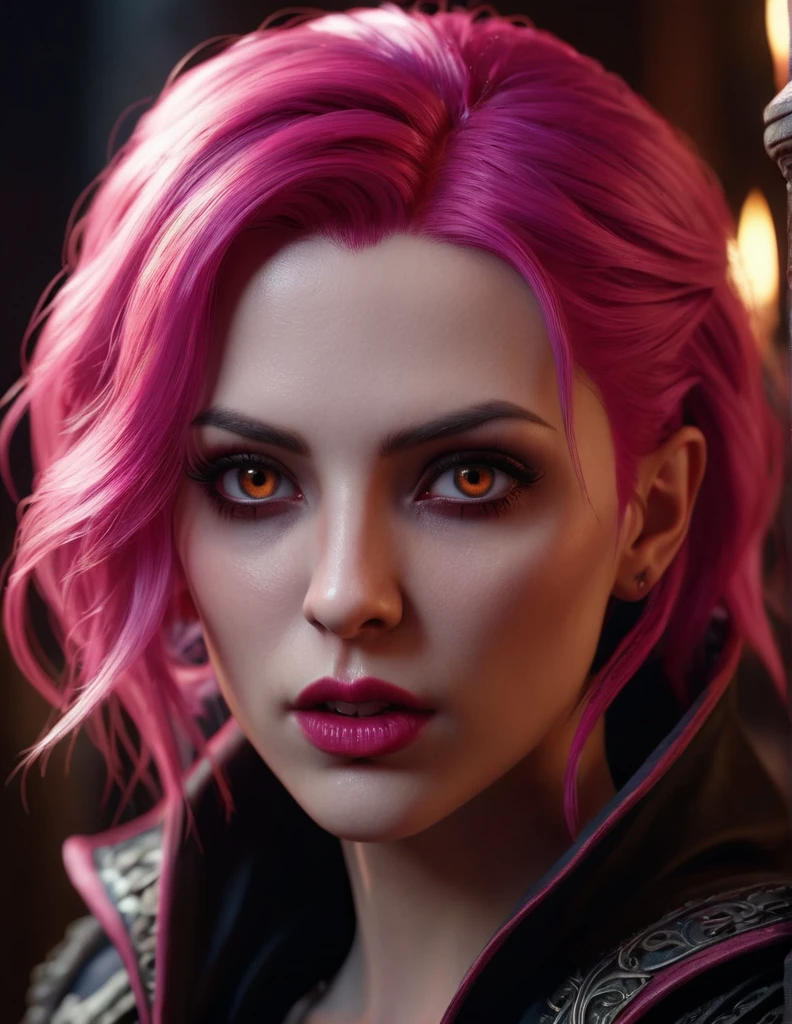 Very attractive caucasian female with bright pink hair, Female superior ancient Strigoi vampire, horror, (Artstation:1.1), (intricate:1.1), (great eye detail:0.7), solo, female, looking at viewer, photorealistic, 8k, unreal engine, inspired by Bram Stoker, half body portrait, highly detailed,