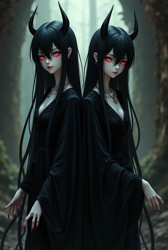 Demon men with black hair white skin red eyes sharp jawline and black dress
Make it like anime