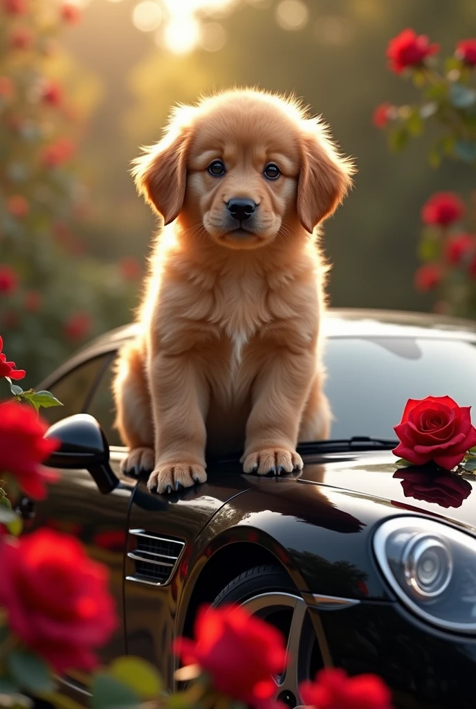 A puppy golden brown colour sit on the black car with red roses