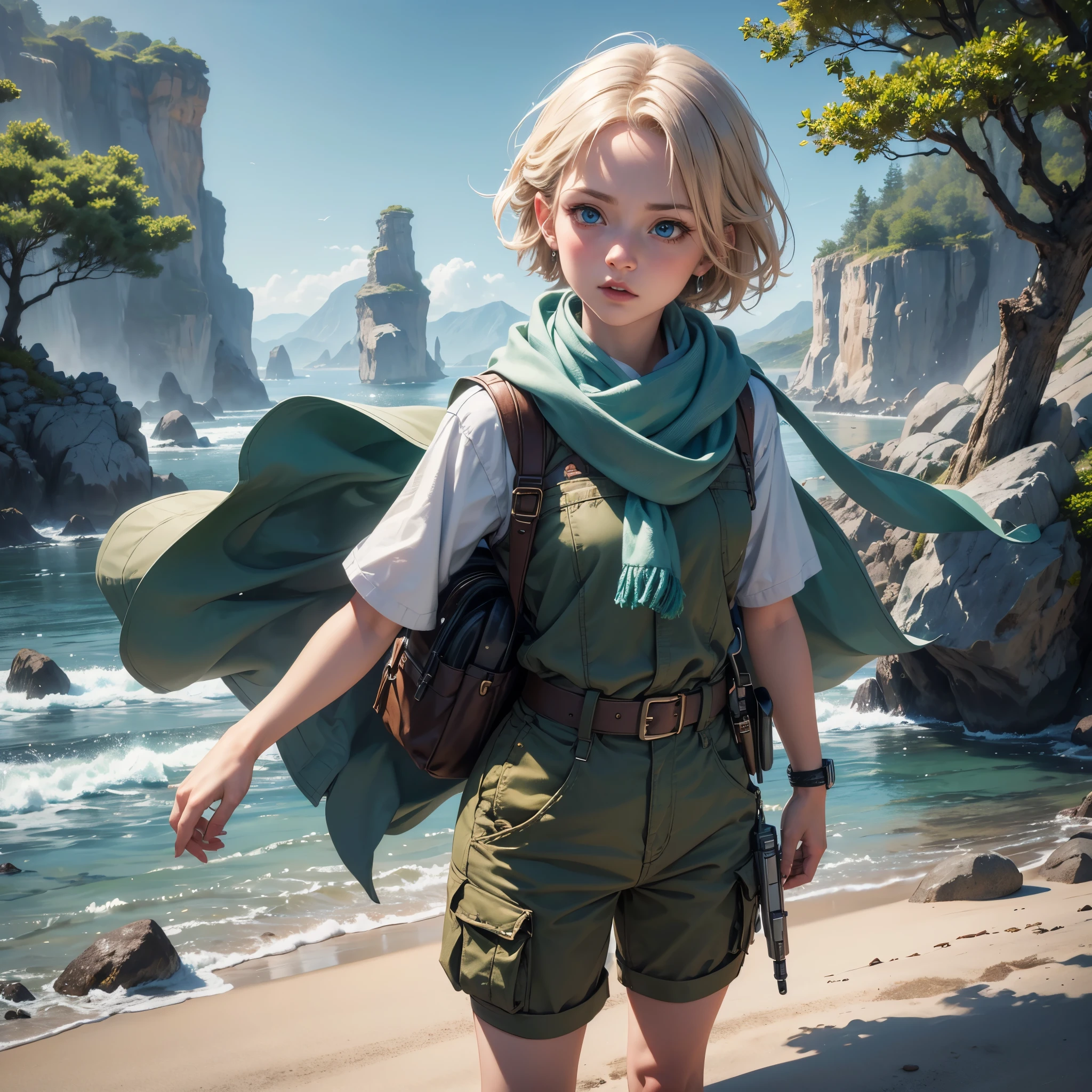 (best quality,4k,8k,highres,masterpiece:1.2),ultra-detailed, 1woman, female gnome, short blond hair, blue eyes, light blue scarf with white stripes, khaki cargo shorts, green vest, wielding an orbstaff, short woman, small woman, HDR, 8k, absurdres, cinestill 800, sharp focus, add_detail:2, photorealistic, (solo, woman)