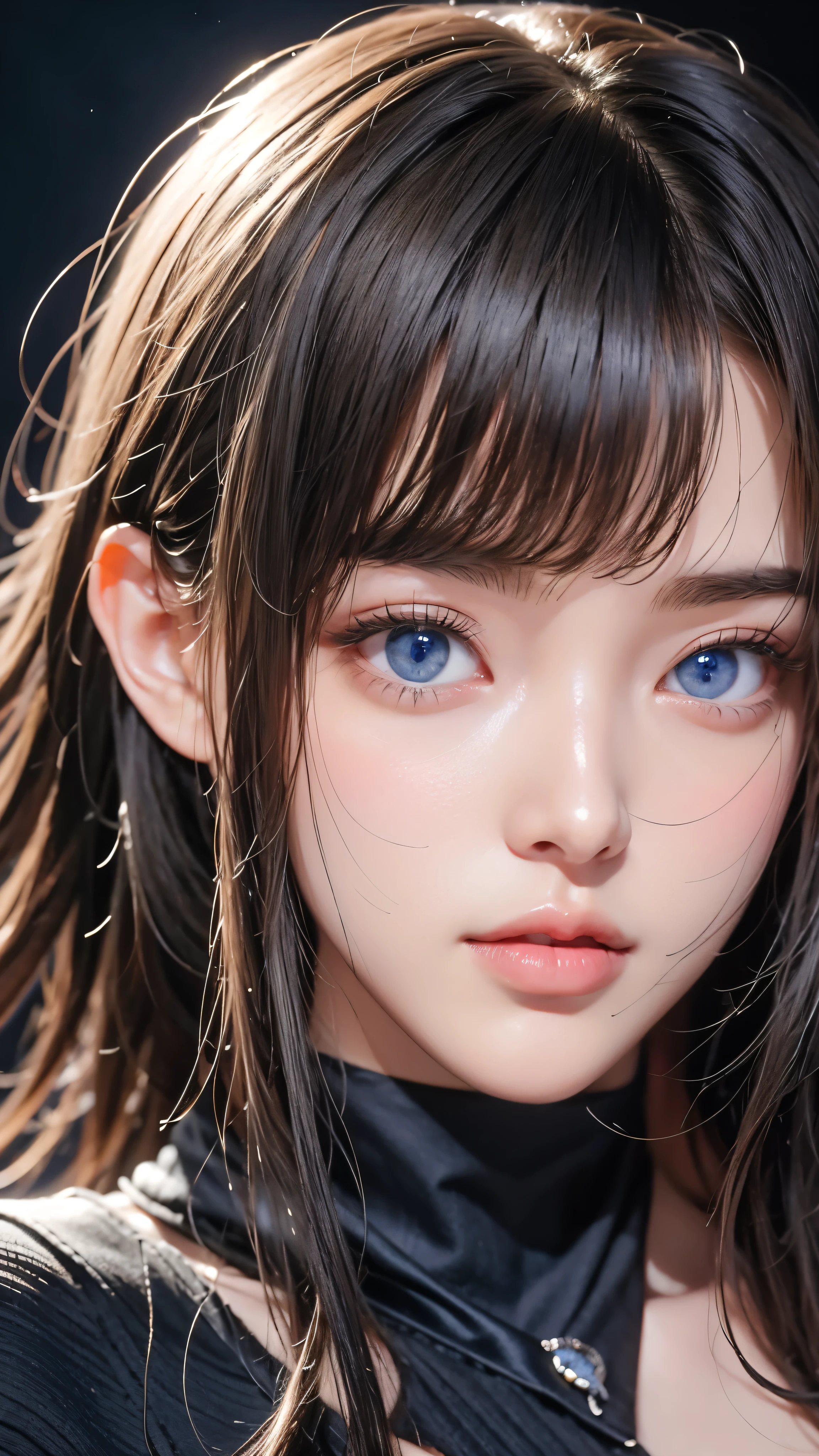 masterpiece, Highest quality, Very detailed, Facing the camera, Super detailed, Realistic, Sharp features, Very detailed, Sharp focus, Perfect Face, Perfect Face, Perfect symmetrical perfect eyes, Perfect Plump Lips, Flexible female form, cinematic, Film Light, Super detailed, hyper Realistic, masterpiece, Atmospheric, High resolution, Vibrant, Dynamic Studio Lighting, ((Dark Background)), The expression when receiving pleasure, Straight bangs, Blue eyes,Black sweater, Cowboy Shot, Big Breasts,