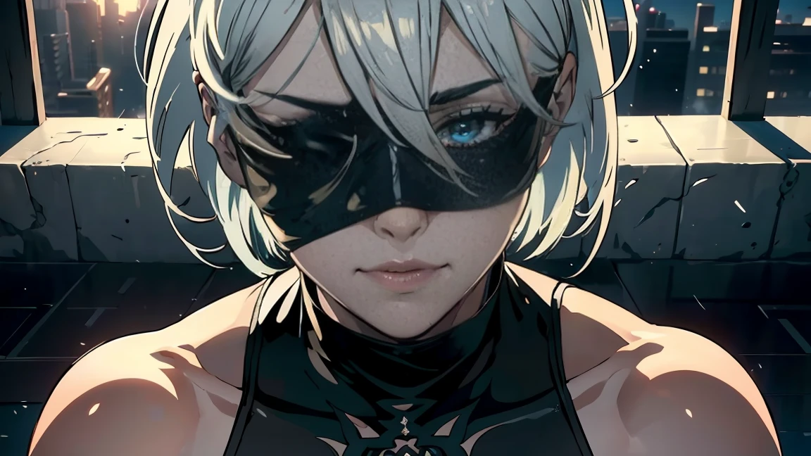 1 girl(YoRHa 2-gou B-gata "2b" - Nier: Machines), (black blindfold:1.5), black hair band, blindfold, hair band, short hair, White hair, beautiful detailed lips, very detailed face, long eyelashes, detailed skin, slim sexy body, toned skin, sharp facial features, High cheekbones, Long, elegant legs, squatting pose, fingerssmile, finger to mouth, (Best quality,4K,8 K,a high resolution,masterpiece:1.2),ultra detailed,(realistic,photorealistic,photo-realistic:1.37),cinematic lighting,dramatic lighting,Dramatic shadows,high contrast,chiaroscuro,capricious,sensual,Erotic,nsfv