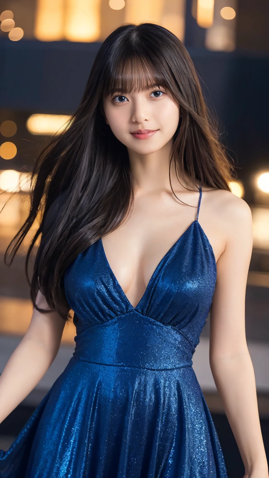 A playful shot, Mejor calidad, por la noche, Profundidad de campo, parte superior del cuerpo, esbelto, hermoso rostro, Chinese characteristic, vistiendo un vestido de fiesta azul marino, (((En nueva york))), sonrisa, Hermosos detalles de ojos, 19 years, hermoso, , voluminous curls with warm blonde color.., Cuadrado, Casual
