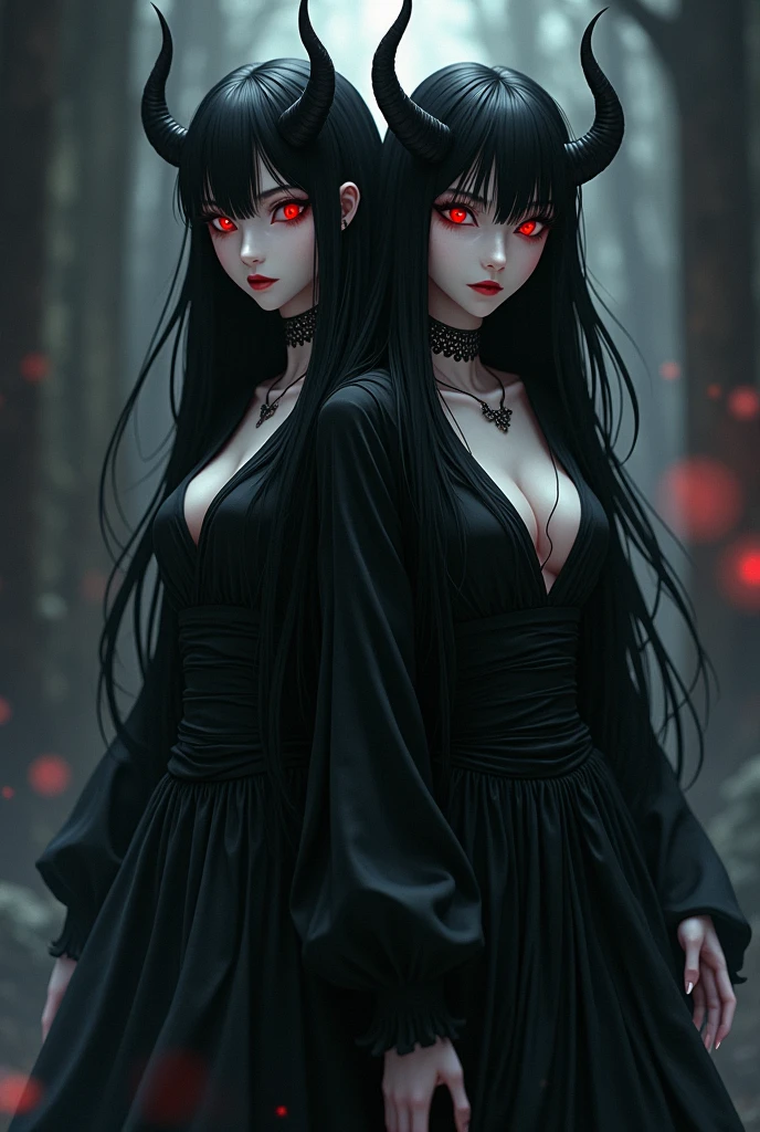 Demon men with black hair white skin red eyes sharp jawline and black dress
Make it  like anime