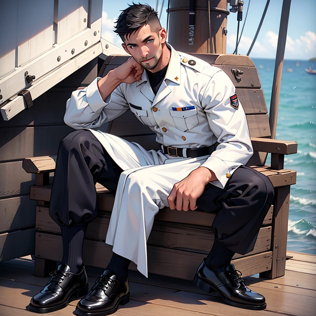 masterpiece, best quality, detailed face, detailed eyes, solo man, european, big feet, black socks, full body, large bulge, long legs, looking at viewer, 30 years old, muscled and mature, sea, a navy soldier, white navy army uniform, wearing black leather shoe, short haircut, sitting on a ship deck with legs stretched, deck, ship, sea, ship deck, blue eyes, flush, organism, face covered with white fluids, sweating, tight cloth, erecting