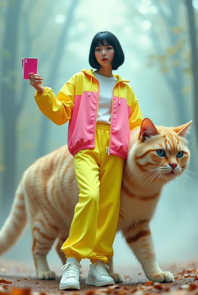 Full-body photo of a korean young woman holding out his hand fucking to present a hand with short black hair, blue eyes, riding a big giant a cat on the floor in a cool pose. Strong wide angle photography effect. She is dressed in an electric-yellow and pink tracksuit and wears high-top white sneakers. She is isolated against a light forest background and gestures a card to the camera in front of her. professional photography, sharp focus, intricate details, wide angle, fisheye --ar 39:64 --v 6.1
