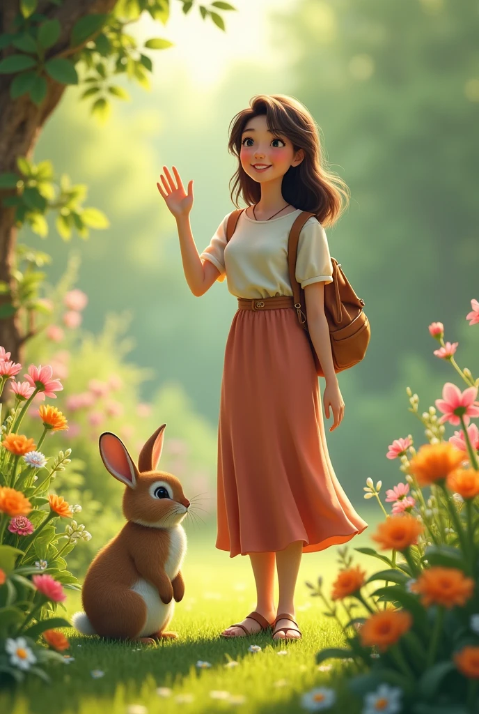 Sara waving goodbye to the rabbit with a warm smile as she begins to leave the garden