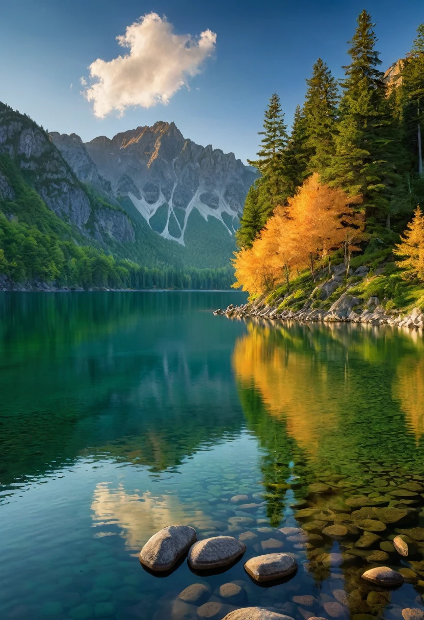 Create a highly realistic image of a serene lake nestled amidst towering mountains at dawn. The clear, mirror-like waters of the lake perfectly reflect the surrounding green trees and rugged mountain peaks, which are bathed in the warm golden color of the rising sun. This scene should capture the serenity and stillness of the early morning, with the sun casting long shadows and creating a soft, ethereal glow on the landscape. The sky is a deep shade of blue that transitions to a soft orange near the horizon, while the mountains in the distance look majestic with their mix of green foliage and bare rock faces. Include fine details such as the gentle ripples in the water, the intricate texture of the trees, and the soft play of light on the surface of the lake, which emphasizes the peaceful and untouched beauty of nature.”