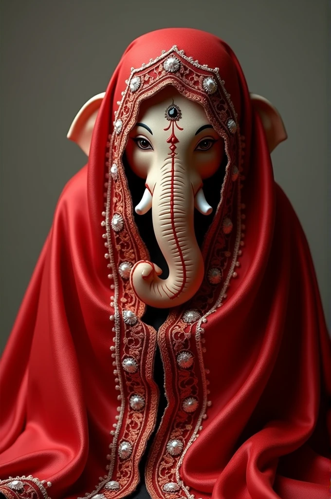 Can you generate a detailed description of an image featuring Lord Ganesha, the Hindu deity, fully covered in a luxurious red silk cloth with intricate laces and adornments?"