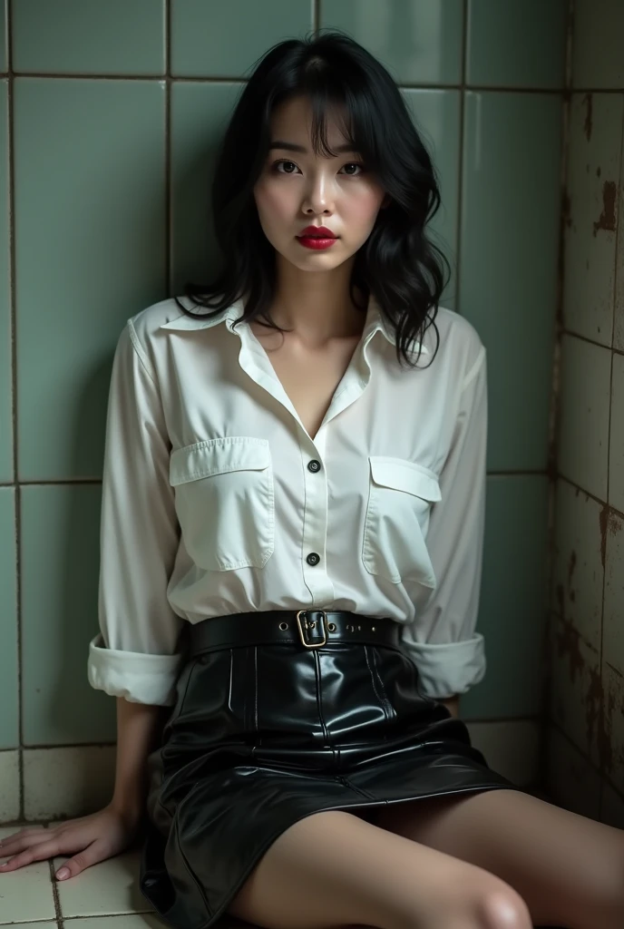 ((Japanese sexy idol)) 20-year-old ((Plump, Red lips with lipstick)) Round face Heavy makeup Big Breasts Plump Shoulder-length black hair、Slightly wavy hair ((Looking into the camera)) Frightened face Spread your legs座る ((White button-down shirt with black patent leather skirt and black stockings)) Both the shirt and skirt are dirty. Sweaty skin and breasts Spread your legs (Full body photography,8k images、Young Japanese Woman、Transparent white skin、Erotic woman、Dirty West Prison Concept Studio,Dirty shower room、 Kneeling with legs spread, Look forward, stunning figure, Sports competition, Arms hanging from the ceiling with rusty chain handcuffs. After being humiliated、There's a man behind me who raped me.、I can't see the man's face、A man is spreading her thighs、Legs open、My hair and body are wet.、The expression of a reluctant woman、Man behind、A man grabs a woman's breasts、Spread your legsいる Hands tied behind your back