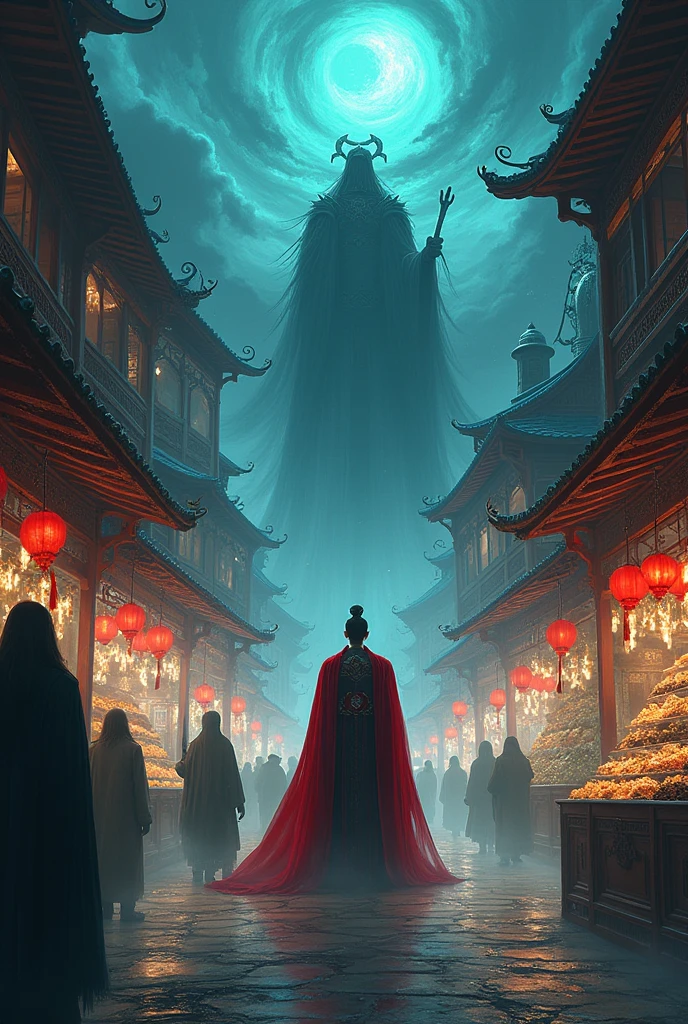 Create a realistic illustration of the ghost market of the character Hua Cheng in the story of the Four Blessings of Heaven