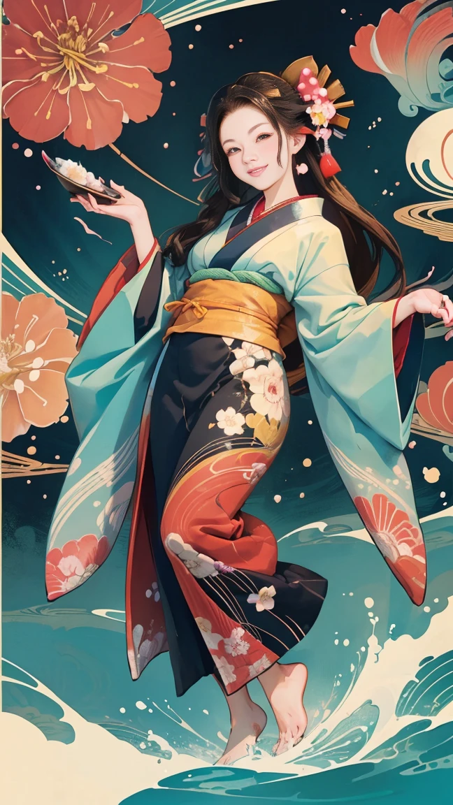 A beautiful woman smiles and shows her upper white teeth、Vividly colored Japanese Ukiyo-e style illustrations、(SeaArt creates stunning illustrations of beautiful women in kimono)、Brown-black long hair、Beautiful full body style、Let's dance a little Tokyo Ondo Yoiyoi、Beautiful new digital paintings,、Bright vibrant digital anime art、 Detailed digital anime art、 Beautiful anime portraits、background、Torii gate of a shrine in Kyoto, Japan、Detailed CG、