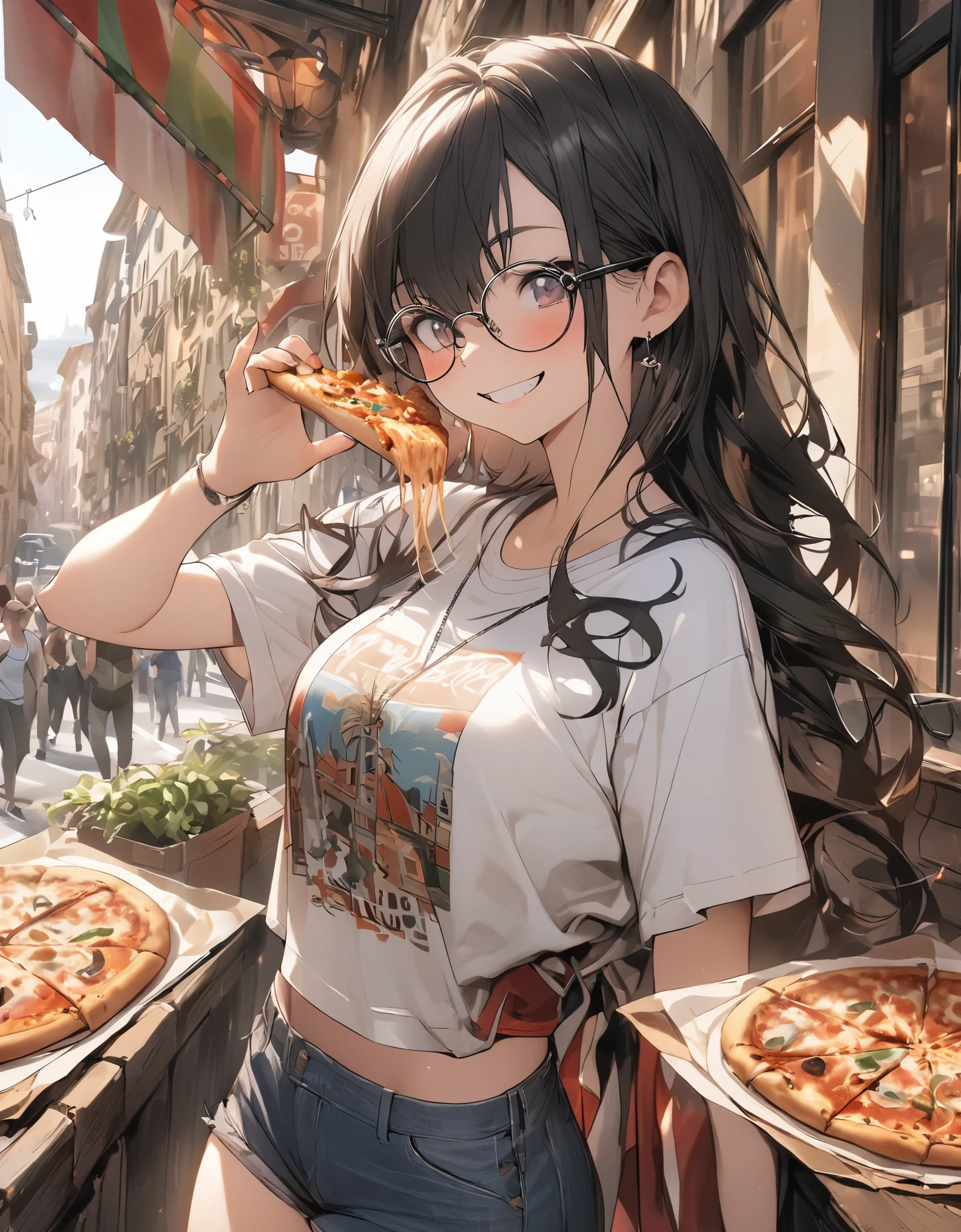 masterpiece、1 girl, long hair,T-shirt and shorts, glasses, smile, Italian city background, city ​​of Italian, daytime, (pizza)