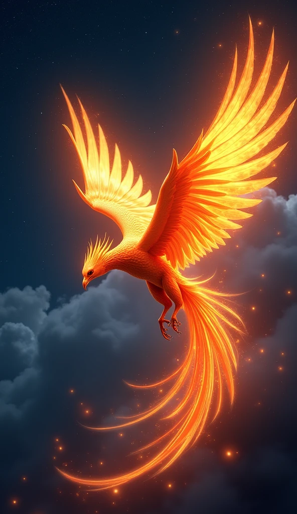 panoramic view, flying fiery phoenix on night sky, starry sky, the fiery trail left behind the flying phoenix showing its flight path, ultra-detailed, (best quality,4k,8k,highres,masterpiece:1.2),realistic, photo-realistic, dramatic lighting, cinematic, glowing phoenix, vibrant colors, intricate details, mystical, ethereal, fantasy, digital art