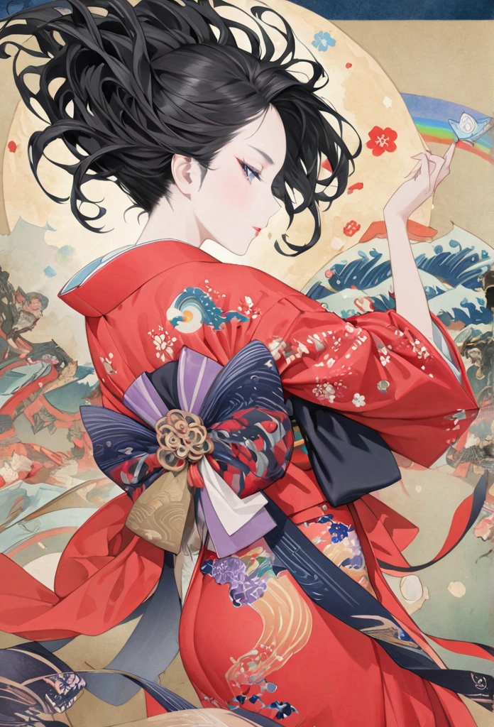 A fusion of watercolor and oil painting, , Mix of Japanese paintings, Ukiyo-e and woodblock prints, Conceptual installation art, Beautiful Princess, Enchanting and seductive expression, compensate, Best body shape, colorfulな日本の着物を着ている, (Super detailed, The absolute solution, Highest quality:1.3), 2.5D, delicate and dynamic, artistic, Hyper, Graphics CG Digital Art, The background is old Japanese paper with a rainbow pattern.、Black Hair、Black Eye、Red kimono、Dancing Kimono、Fluttering hair、Bob Hair、eye shadow、Eyeliner、mascara、lipstick、colorful、profile