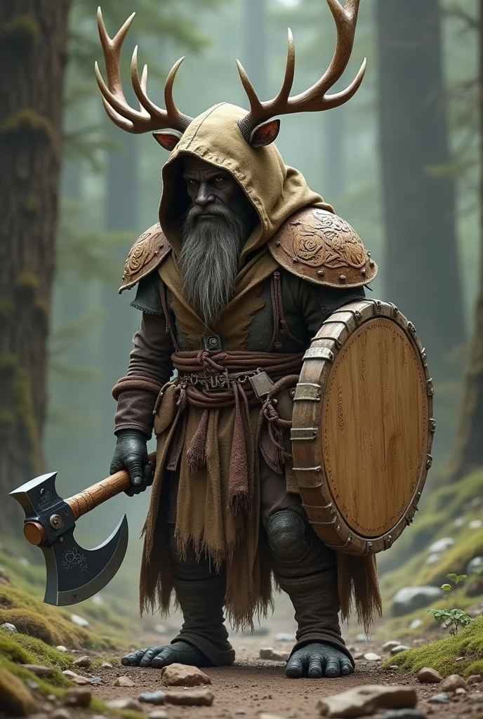 Create me a character for Dungeons and Dragons, a person in the role of a shaman. The character is 2, with a coat and a hood with deer antlers. He carries a drum made from a single tree stump in his hand and a battle axe in the other. As armor he wears large shoulder plates made of wood.