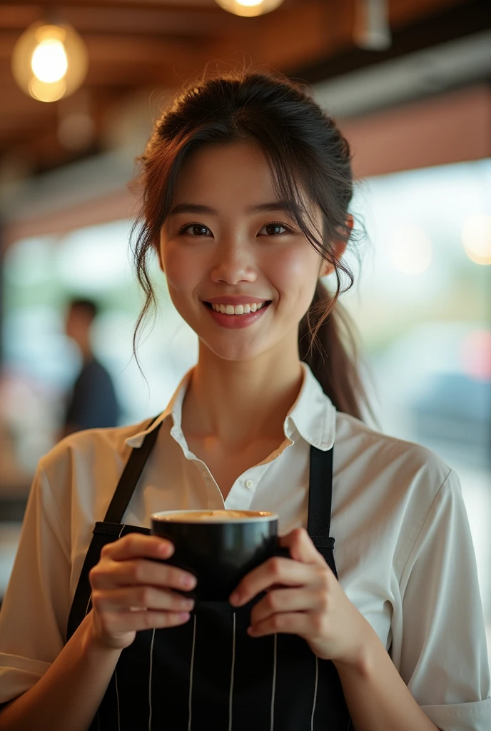 (8k, RAW photo, best quality, masterpiece), (photorealistic), outstanding details, ultra-high resolution, anatomically correct, textured skin, (Extremely precise and accurate anatomy), Ultra Detailed Face, Detailed Eyes, 1 Girl, (barista) , ( barista uniform) , forehead, (pulled back hair:1.2) , (Cute Japanese girl , 1), light smile, cinematic lighting in the hair, hair light, wind in the hair, (open cafe), coffee, (backlighting), reflection light from below, atmospheric perspective, depth of field, (dramatic lighting), cinematic lighting,
