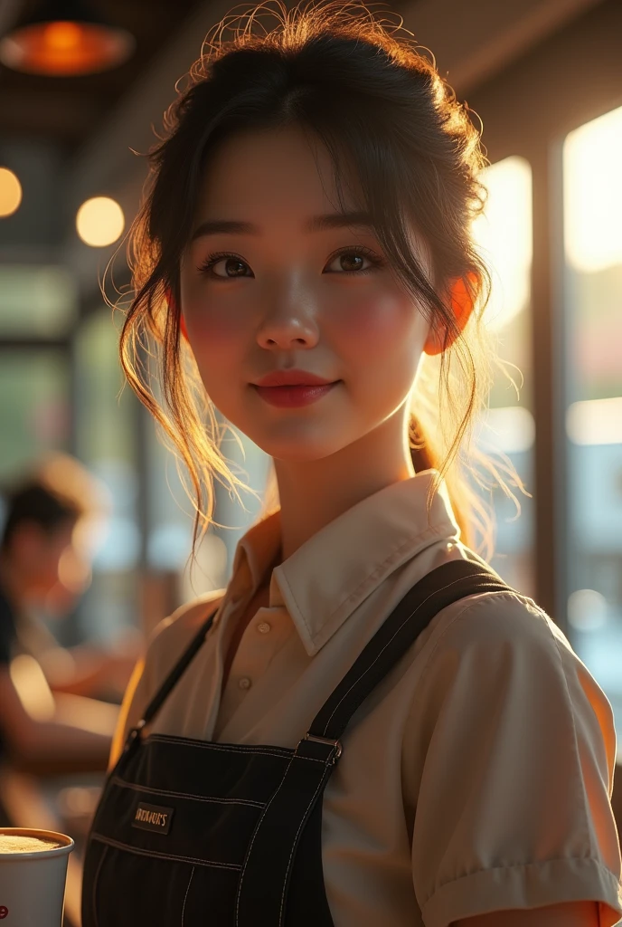 (8k, RAW photo, best quality, masterpiece), (photorealistic), outstanding details, ultra-high resolution, anatomically correct, textured skin, (Extremely precise and accurate anatomy), Ultra Detailed Face, Detailed Eyes, 1 Girl, (barista) , ( barista uniform) , forehead, (pulled back hair:1.2) , (Cute Japanese girl , 1), light smile, cinematic lighting in the hair, hair light, wind in the hair, (open cafe), coffee, (backlighting), reflection light from below, atmospheric perspective, depth of field, (dramatic lighting), cinematic lighting,